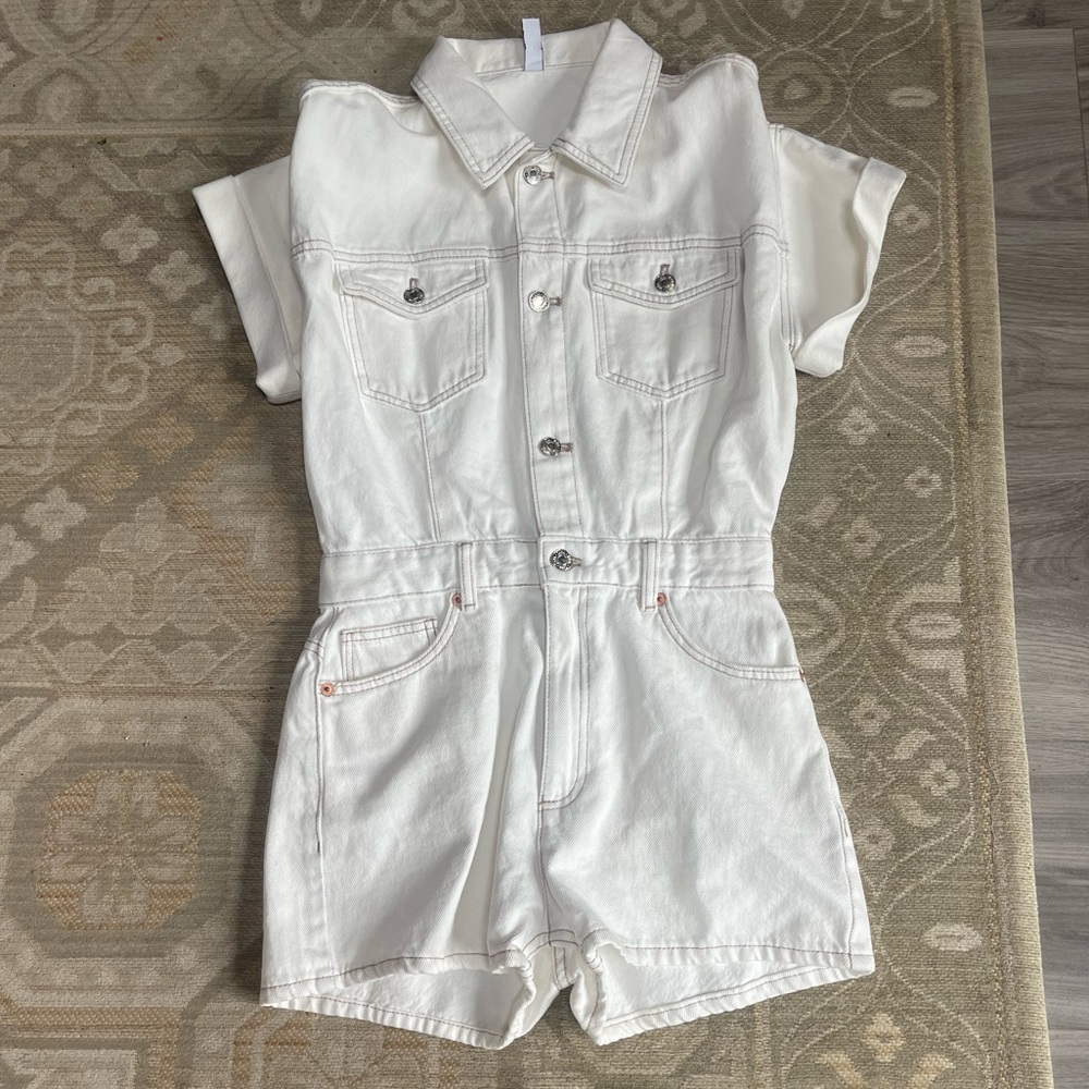 Zara Off White Denim Romper Jumpsuit size small - Picture 3 of 8